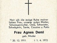 Deml Agnet geb Moder 20.12.1911 - 01.04.1972