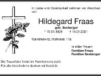 Fraas Hildegard geb Seeberger 15.01.1929 - 14.01.2021 TA  Sgewerksbesitzer - Rauhenstein