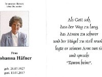 Hfner Johanna geb. Duerler 28.07.1927 - 15.07.2017