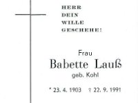 Lau Babette geb. Kohl 23.04.1903 - 22.09.1991 SB