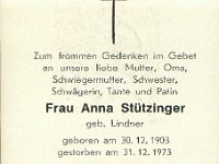 Sttzinger Anna geb Lindner 30.12.1903-31.12.1973